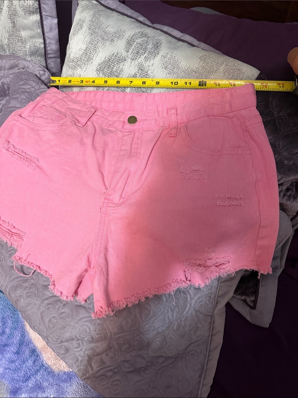 SHEIN Pink Distressed Frayed Hem Denim Shorts